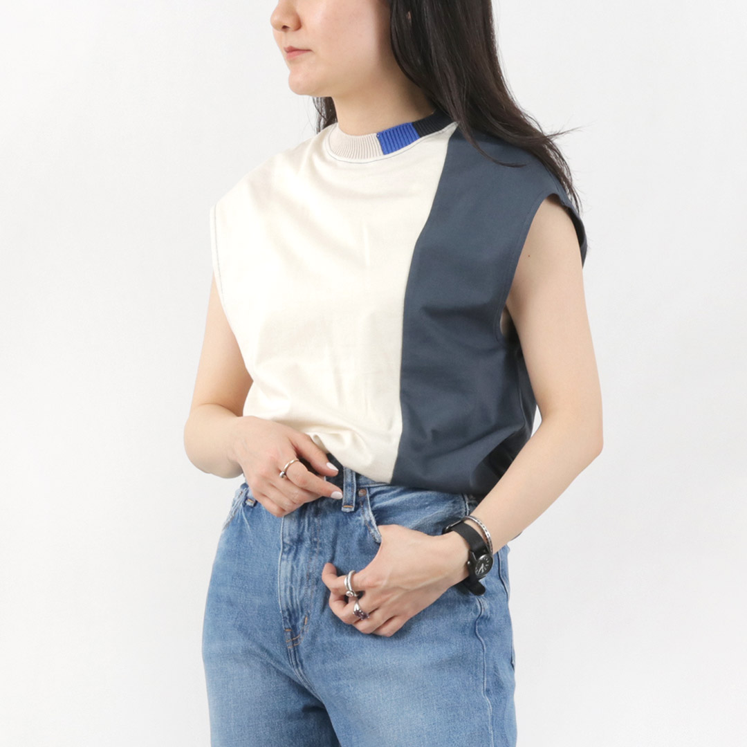COOHEM（コーヘン） ストライプリブニット コンビTシャツ / レディース ノースリーブ フレンチスリーブ 配色 Coohem COOHEM（コーヘン） ストライプリブニット コンビTシャツ