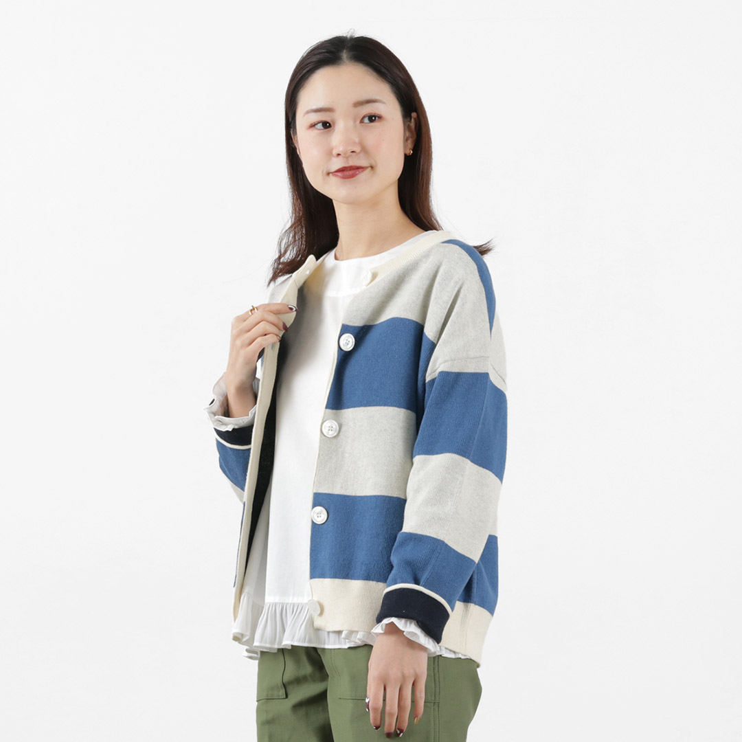 MAO MADE（マオメイド） ビッグボーダー ダブルフェイス カーディガン / レディース クルーネック mao made MAO MADE（マオメイド） ビッグボーダー ダブル