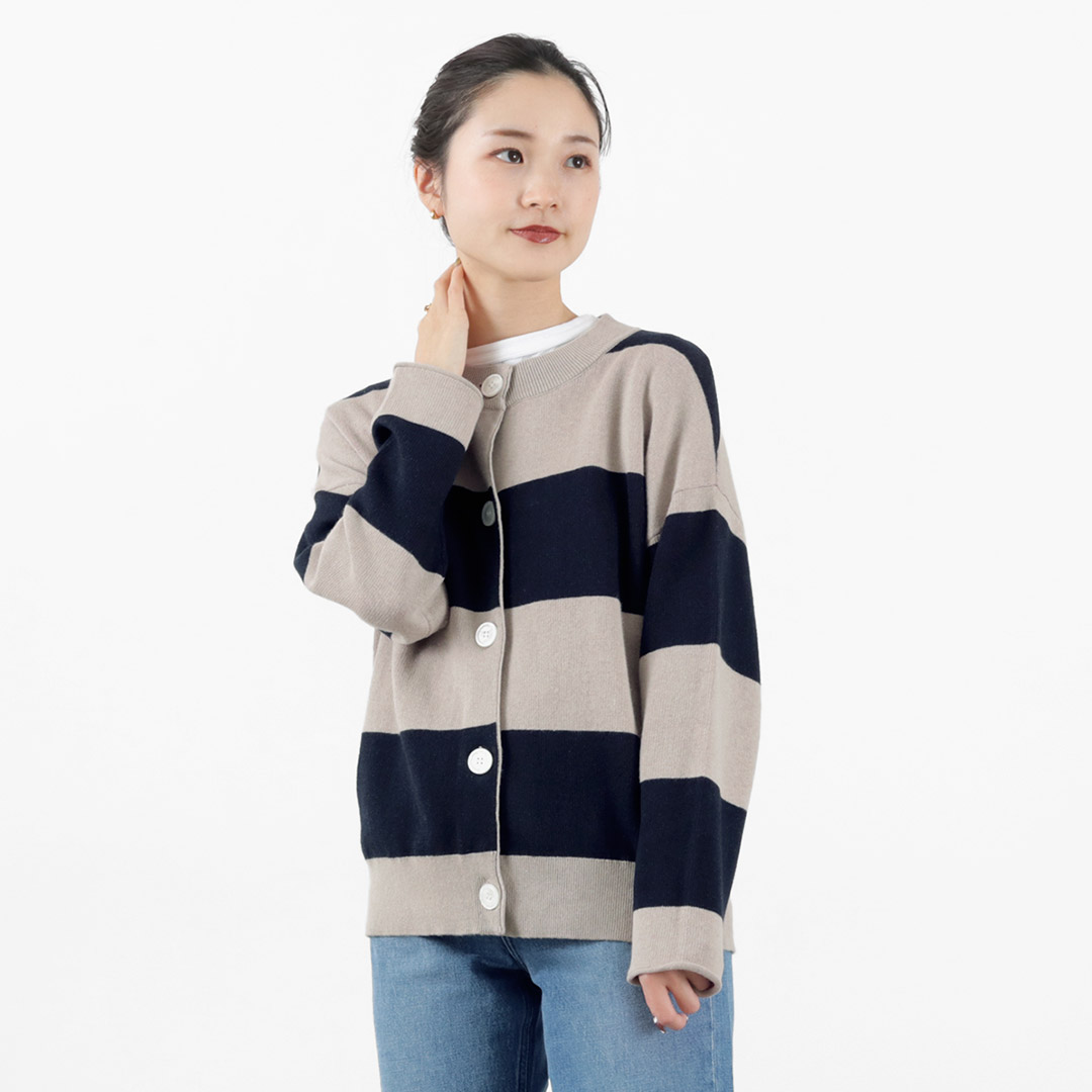MAO MADE（マオメイド） ビッグボーダー ダブルフェイス カーディガン / レディース クルーネック mao made MAO MADE（マオメイド） ビッグボーダー ダブル