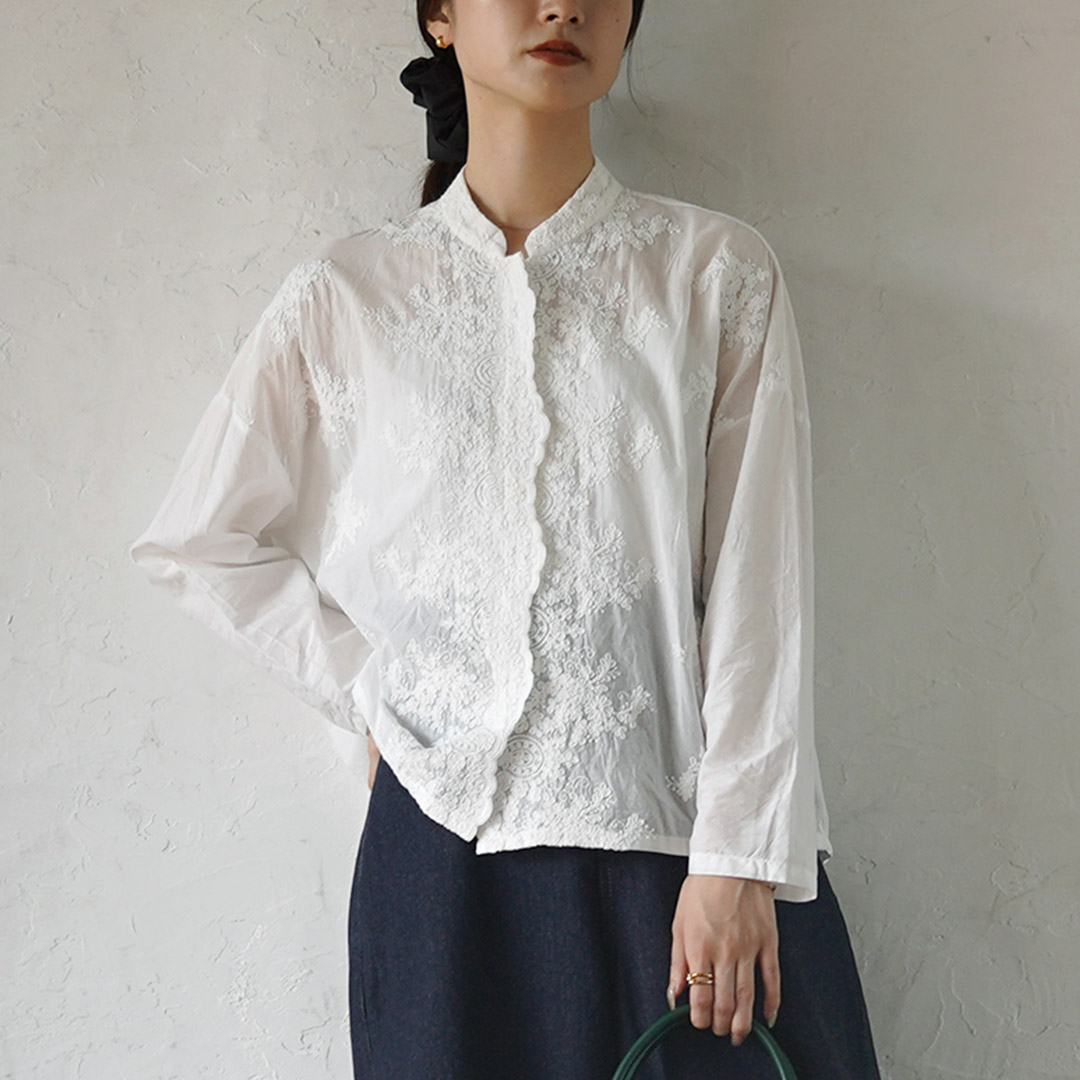 mizuiroind（ミズイロインド） レース スタンドカラー シャツ