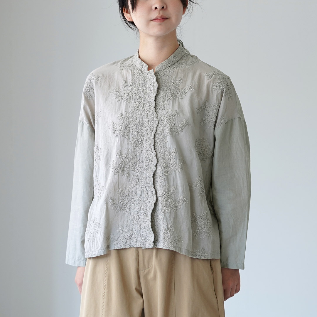 mizuiroind（ミズイロインド） レース スタンドカラー シャツ