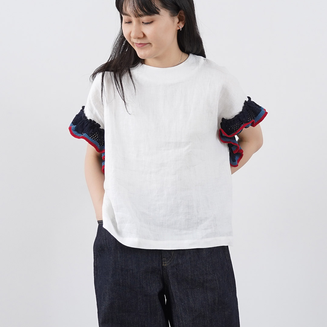 MAO MADE（マオメイド） フリルスリーブ リネン 布帛 Tシャツ / 半袖 レディース カットソー 2WAY 前後 クルーネック 麻 リネン mao made MAO MADE（マオメイド） フリルスリーブ リネン 布帛 T