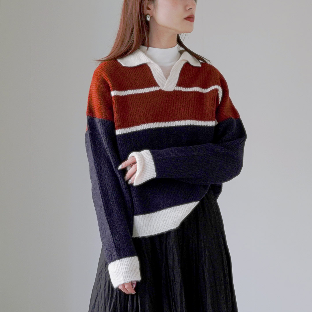 TRICOTS JEAN MARC（トリコットジーンマルク） ボーダー ニットプルオーバー / ポロニット レディース 長袖 襟付き 柄 TRICOTS JEAN MARC MARC（トリコットジーンマルク） ボーダー