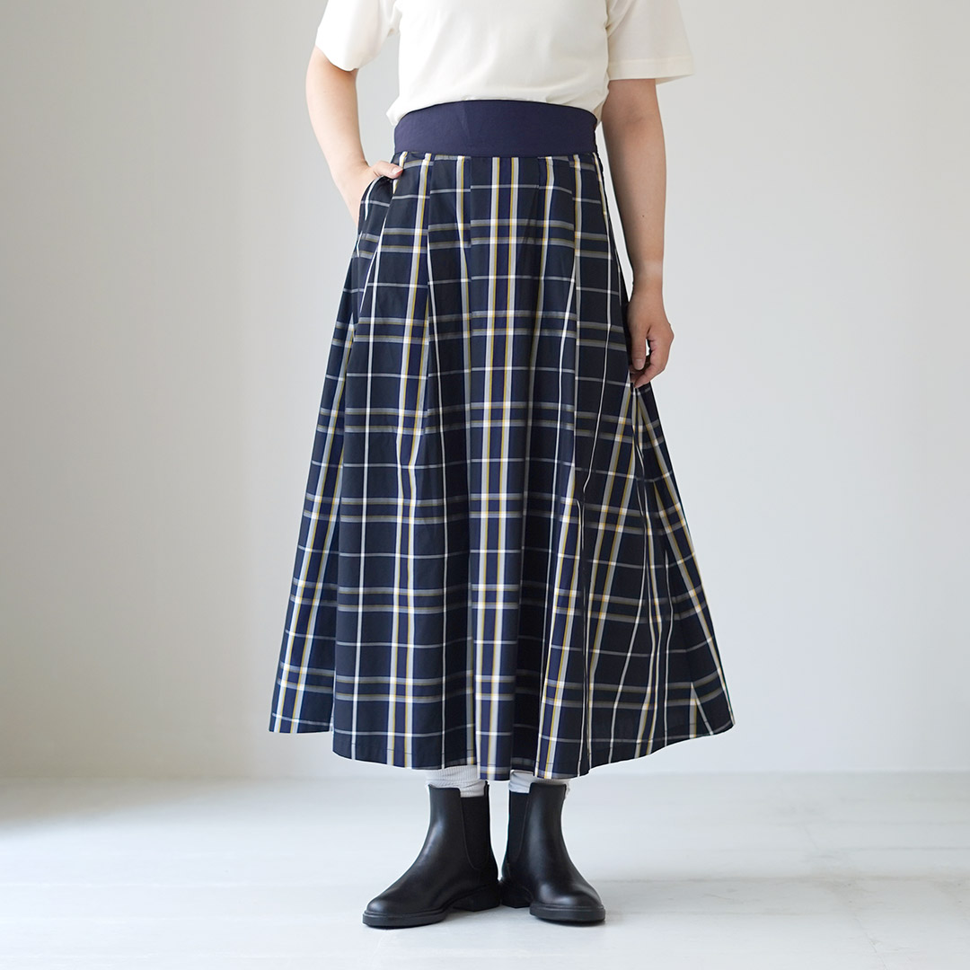 Ruimeme ネイビーチェック スカート Armelle tuck skirt CHECK EYELET SEMI FLARE SKIRT
