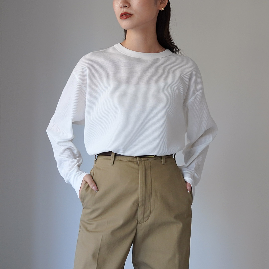 ヘルスニット カットソー 長袖 ワッフル地 カットオフ F ベージュ /HN Healthknit（ヘルスニット） ベーシックワッフル ヘンリーネック