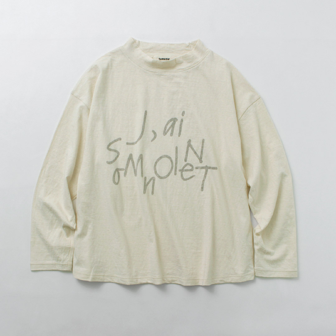 近年 美品✨慈雨　モックネック　変形ヘムカットソー　40 tumugu（ツムグ） ラフィ天竺2 プリント長袖T モックネック