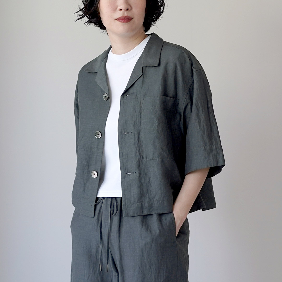LE GLAZIK（ル グラジック） リネンレーヨン オープンカラー シャツ / レディース ブラウス 半袖 五分袖 麻の画像