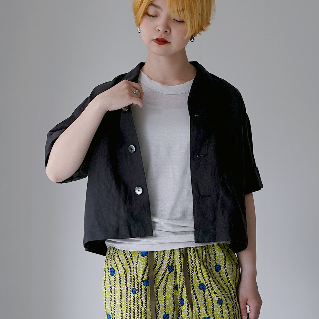 LE GLAZIK（ル グラジック） リネンレーヨン オープンカラー シャツ / レディース ブラウス 半袖 五分袖 麻の画像