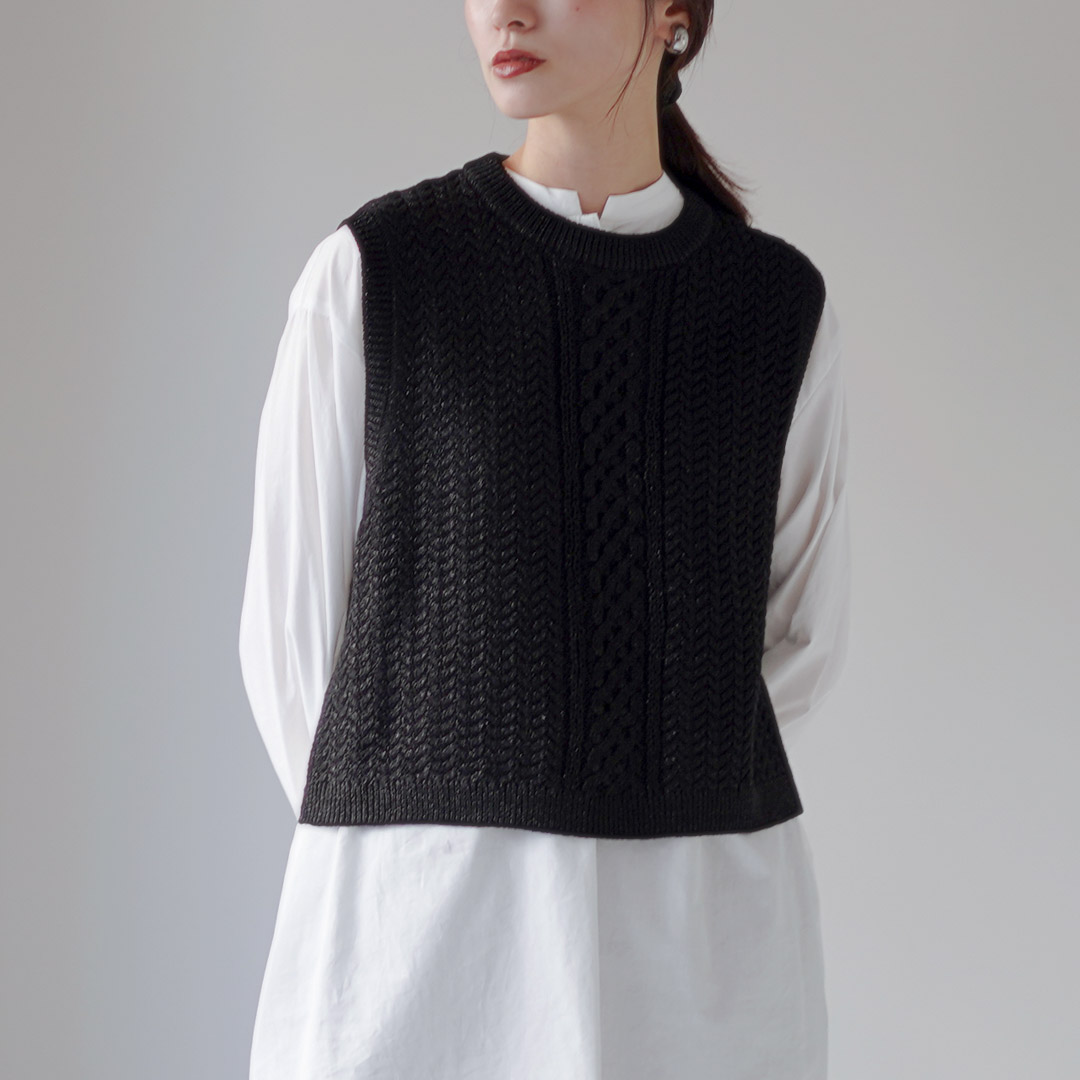 mizuiro ind（ミズイロインド） メタリック ヤーン ケーブル ベスト / ニット ウール レディース ラメ llic yarn cable vest mizuiro ind（ミズイロインド） メタリック ヤーン ケーブル