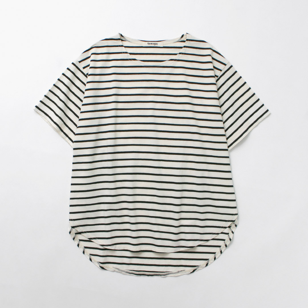 TUMUGU（ツムグ） スープレコットン ボーダー天竺 裾ラウンド半袖ロングTシャツ / カットソー 綿 コットン 日本製 tumugu:（ツムグ） | スープレコットンボーダー天竺 裾ラウンド