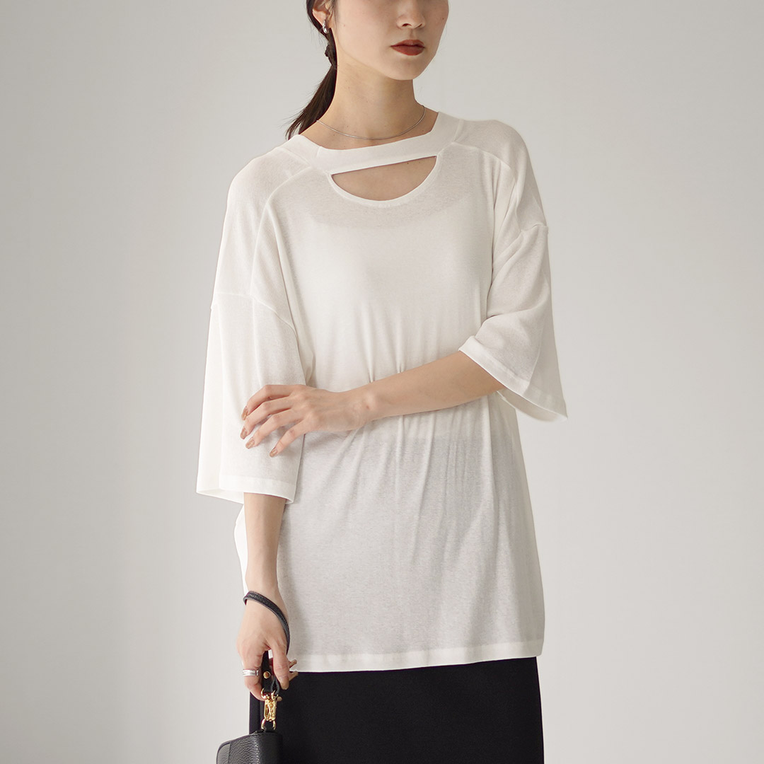 YENN（イェン） 2WAY Vネック トップス / カットソー Tシャツ 半袖 五分袖 透け感 シアー 前後 ゆったり YENN YENN（イェン） 2WAY Vネック トップス / カットソー T