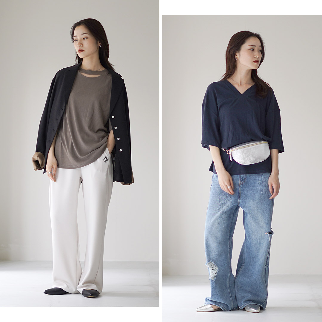 YENN（イェン） 2WAY Vネック トップス / カットソー Tシャツ 半袖 五分袖 透け感 シアー 前後 ゆったり YENN YENN（イェン） 2WAY Vネック トップス / カットソー T