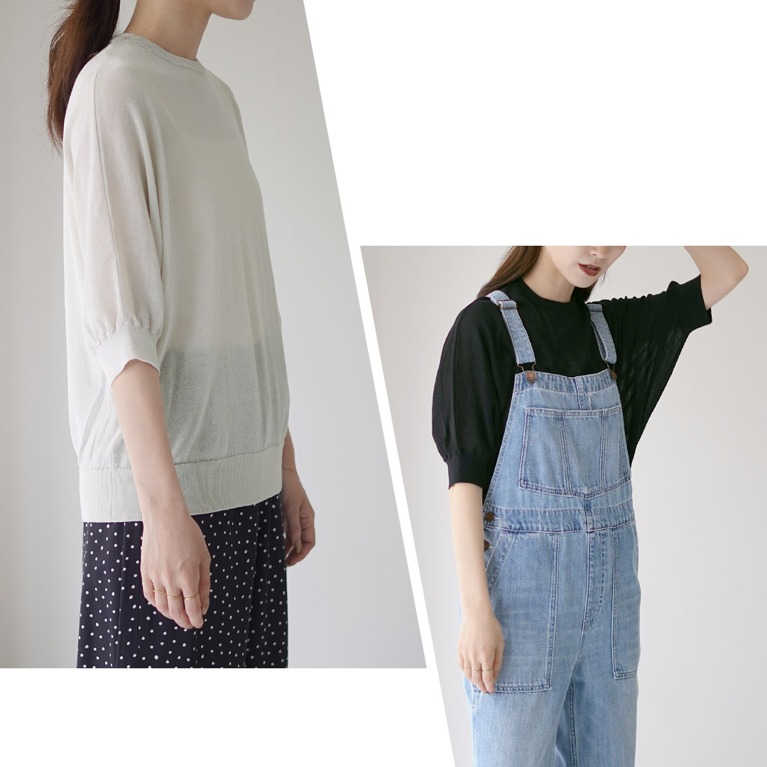 MAO MADE（マオメイド） ヘルシーヤーン ニット ハーフスリーブ Tシャツ / サマーニット 半袖 五分袖 薄手 透け感 洗える 春夏 mao made MAO MADE（マオメイド） ヘルシーヤーン ニット ハーフ