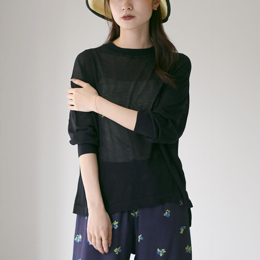 MAO MADE（マオメイド） ヘルシーヤーン ニット ロングスリーブ Tシャツ / サマーニット 長袖 薄手 透け感 洗える 春夏 mao made MAO MADE（マオメイド） ヘルシーヤーン ニット ロング