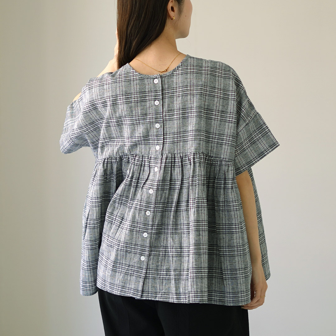 02253-0051 リネングレンチェック半袖シャツ mao made（マオメイド） グレンチェック ブラウス / シャツ 半袖 五分