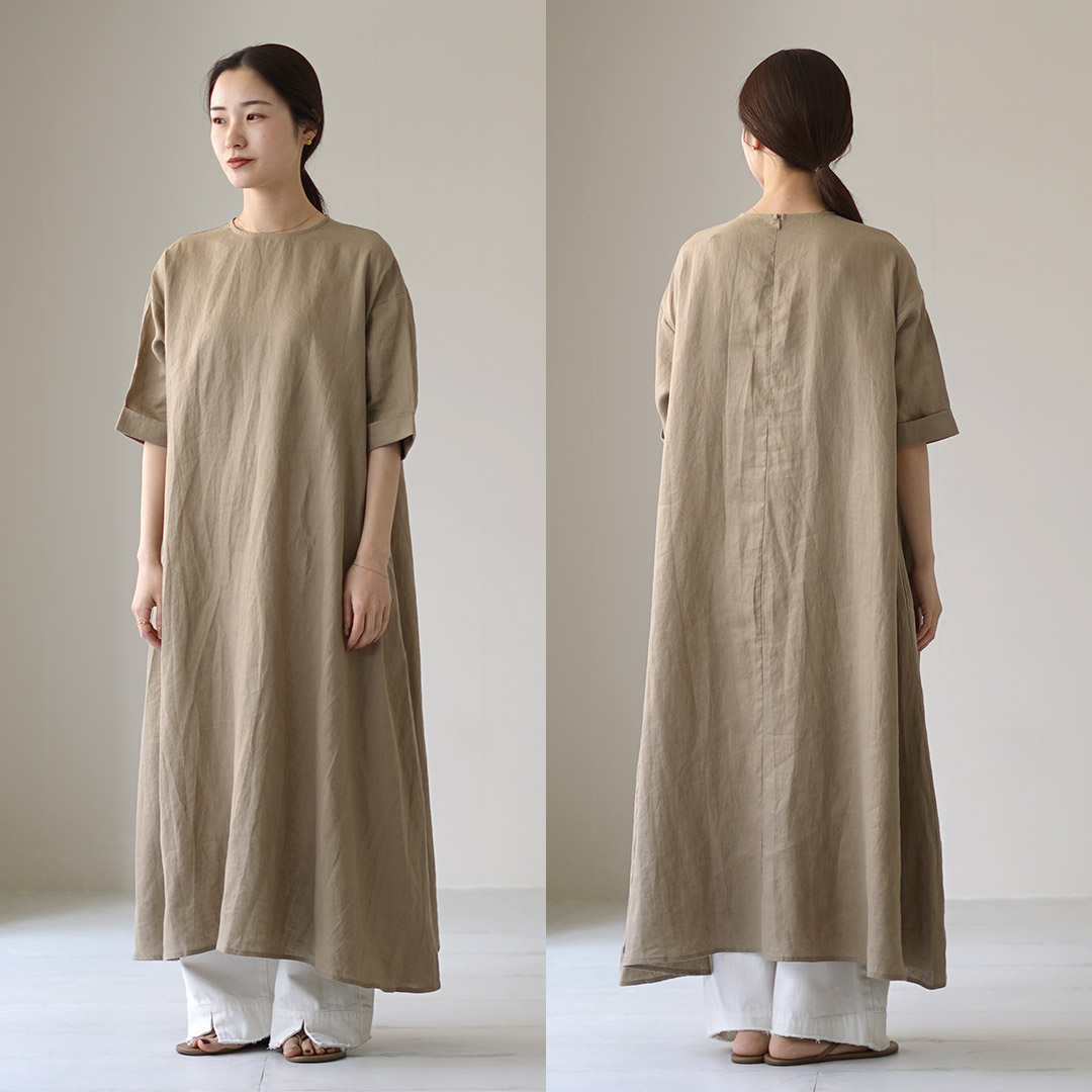 【mao made】リネン半袖　ロングワンピース グリーン　Ａライン mao made（マオメイド） カラー別注 ボリュームAライン リネン