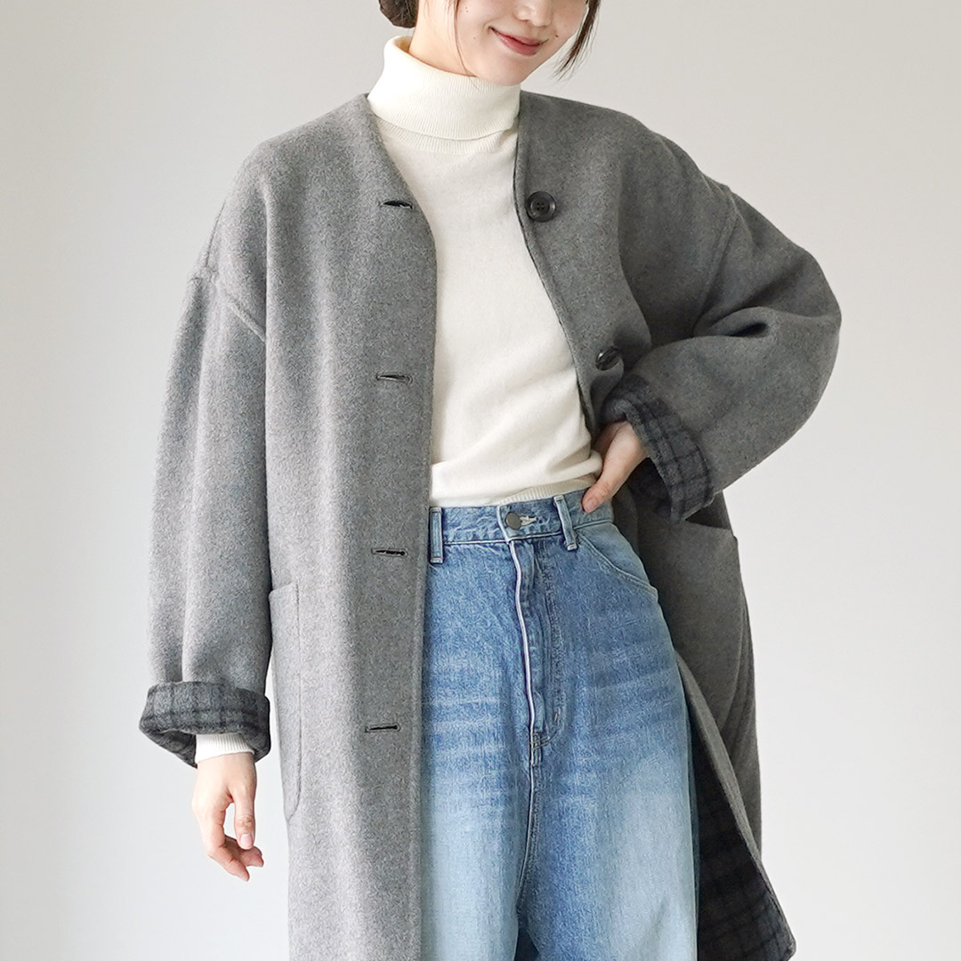 LE GLAZIK ルグラジック ウール リバーシブル カラーレスコート LE GLAZIK（ルグラジック） リバーシブル カラーレスコート / ロング