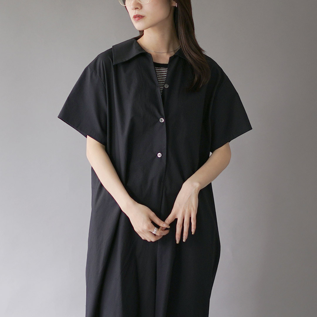 リネン オールインワン　ジャンプスーツ　7部袖　ネイビー　ワイドパンツ　つなぎ She's Closet（シーズクローゼット）の「リネンコットンVネック