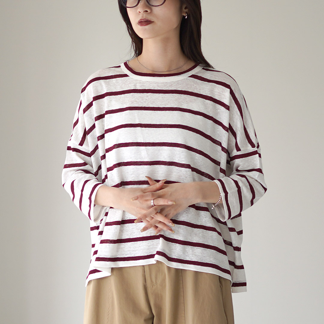 mao made（マオメイド） リネンボーダー Tシャツ 7分袖 / サマーニット