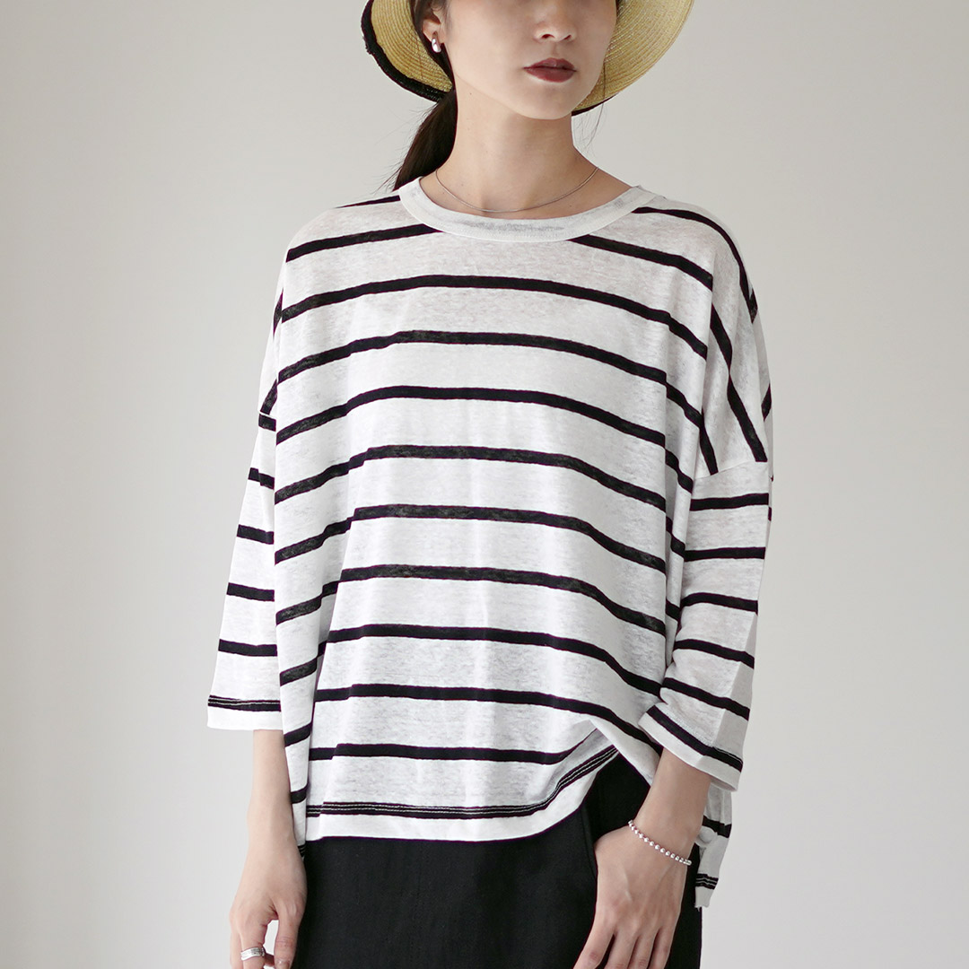 MAO MADE（マオメイド） リネンボーダー Tシャツ 7分袖 / サマーニット 薄手 透け感 麻 洗える 春夏 mao made MAO MADE（マオメイド） リネンボーダー Tシャツ 7分袖