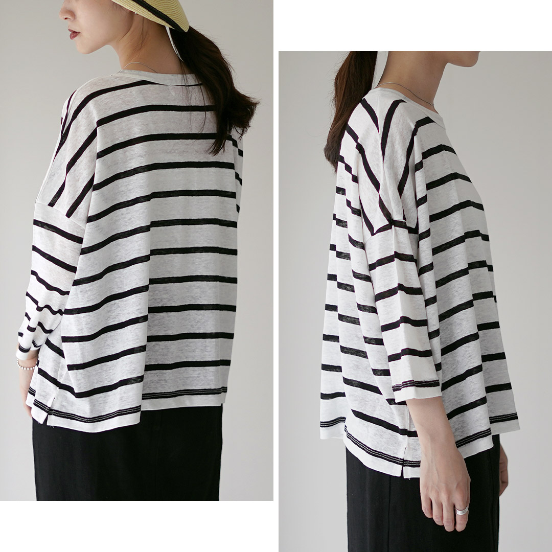 MAO MADE（マオメイド） リネンボーダー Tシャツ 7分袖 / サマーニット 薄手 透け感 麻 洗える 春夏 mao made MAO MADE（マオメイド） リネンボーダー Tシャツ 7分袖