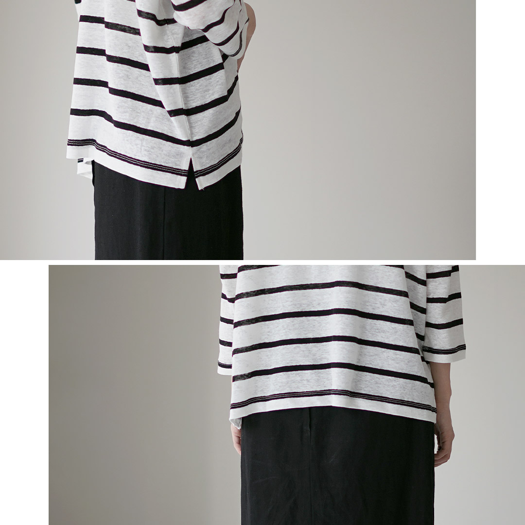 mao made（マオメイド） リネンボーダー Tシャツ 7分袖 / サマーニット