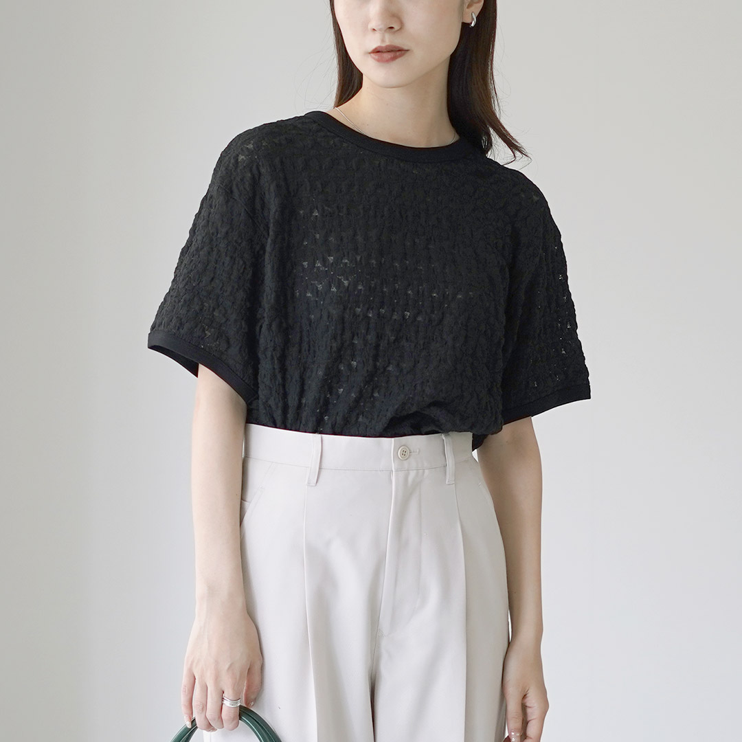 mizuiro ind（ミズイロインド） ストレッチレース クルーネック Tシャツ / カットソー 半袖 透け感 花柄 mizuiroind mizuiro ind（ミズイロインド） ストレッチレース