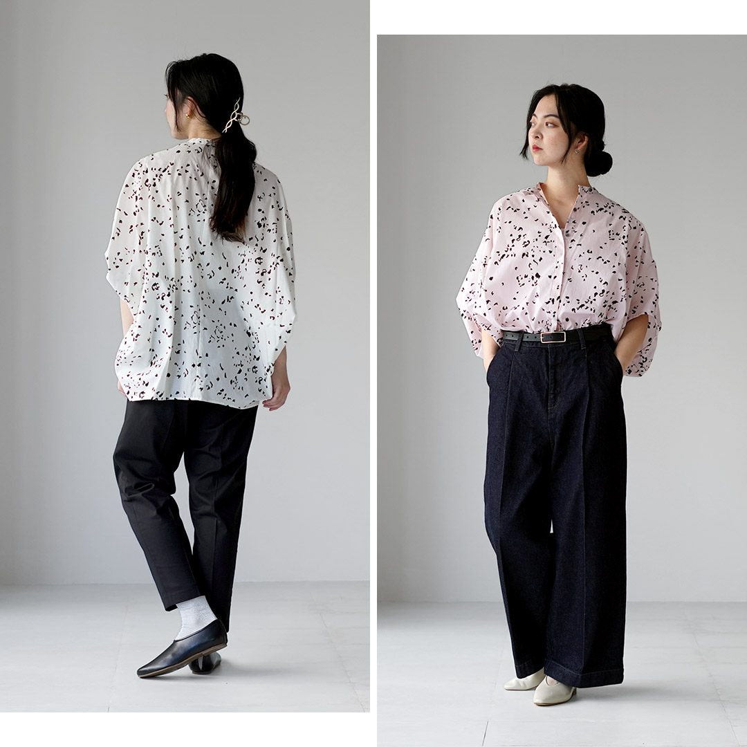 mizuiroind（ミズイロインド） プリント スタンドカラー コクーン