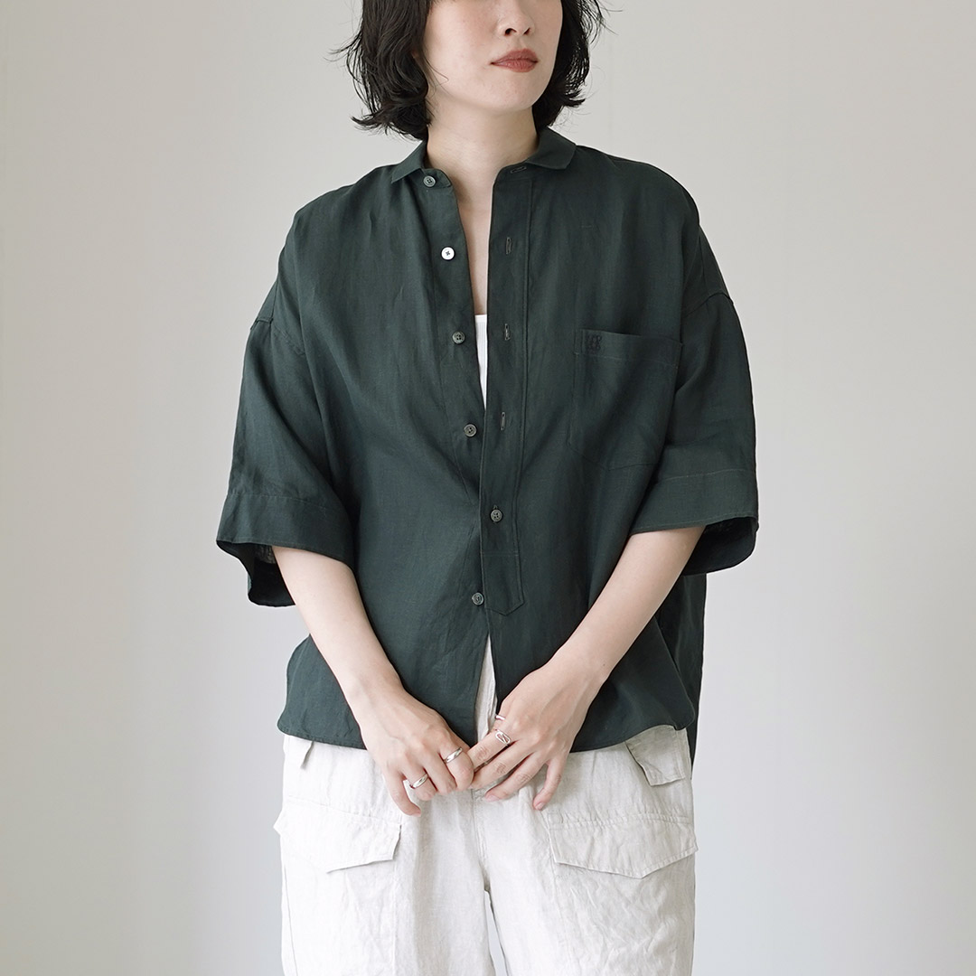 美品 ティッカ 麻100% 半袖シャツワンピース ゆったり 日本製 カーキ系 TICCA（ティッカ） リネン 半袖シャツ 日本製 / レディース ワイド 麻