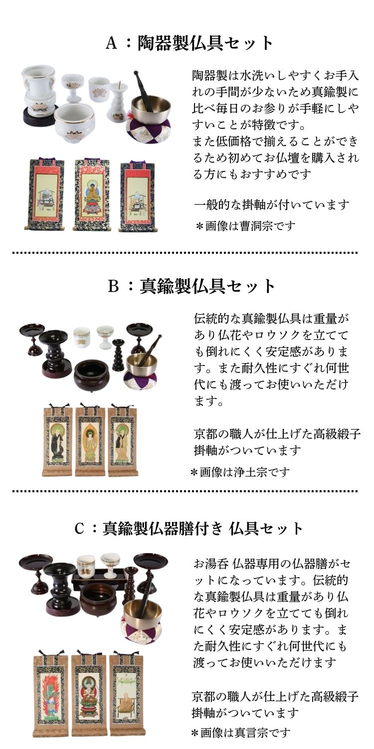 仏壇 ミニ仏壇 16号 18号 日本桜：桜色 陶器製 真鍮製仏具セット+掛け軸：各宗派用 天台宗 真言宗 浄土宗 日蓮宗 曹洞宗 臨済宗 妙心寺派 国産 p020e03aの画像