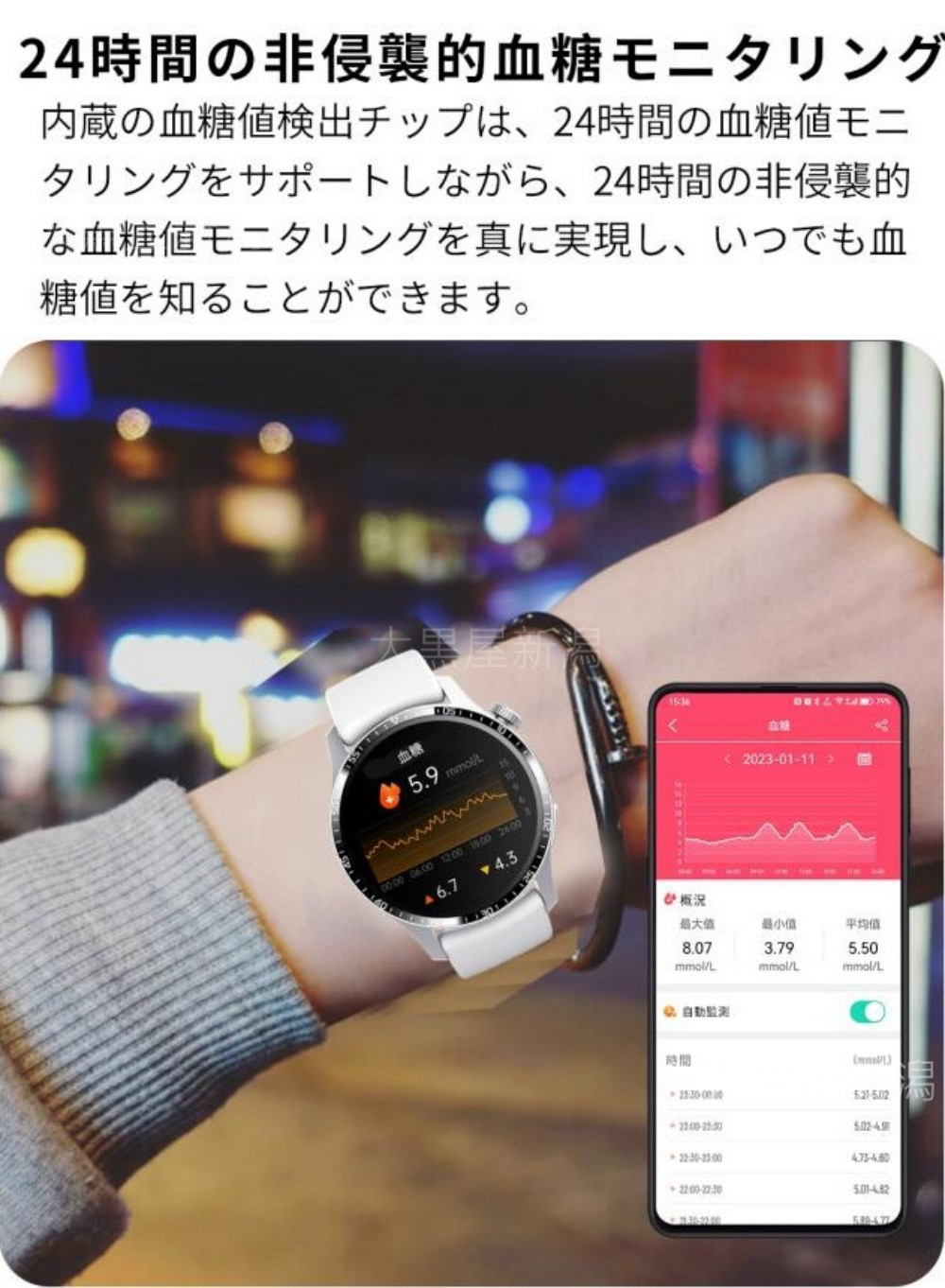 「非侵襲的血糖値測定」スマートウォッチ 日本製センサー 通話機能 