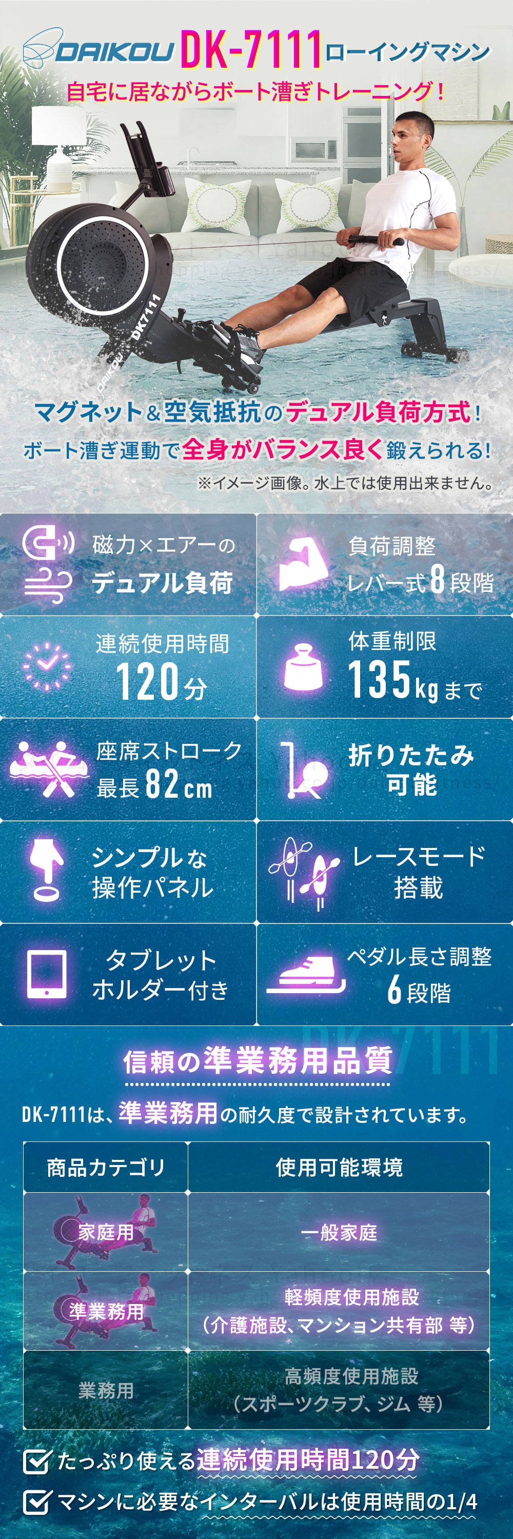 準業務用ローイングマシンDK-7111。連続120分使える本格的ボート漕ぎマシン