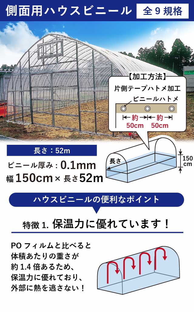 daim 側面(腰)用ハウスビニール 厚み0.1mm 幅150cm 長さ52m ビニール 側面 腰 無滴透明 片テハ加工 農業 農業用ビニール  ビニールハウス 日本製 第一ビニール : 40796 : ダイムファクトリー Yahoo!店 - 通販 - Yahoo!ショッピング