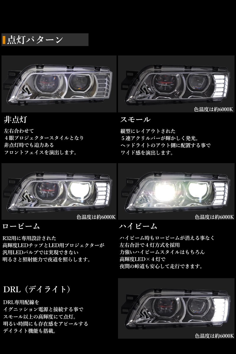 スカイライン ヘッドライト R32 高輝度LED 4灯仕様 フルLEDヘッドライト FR32 ER32 HR32 HCR32 HNR32 ECR32  BNR32 GTS GT-R 78WORKS (U015 : 78works0058 : カスタムパーツ専門店 Daizen - 通販 -  Yahoo!ショッピング