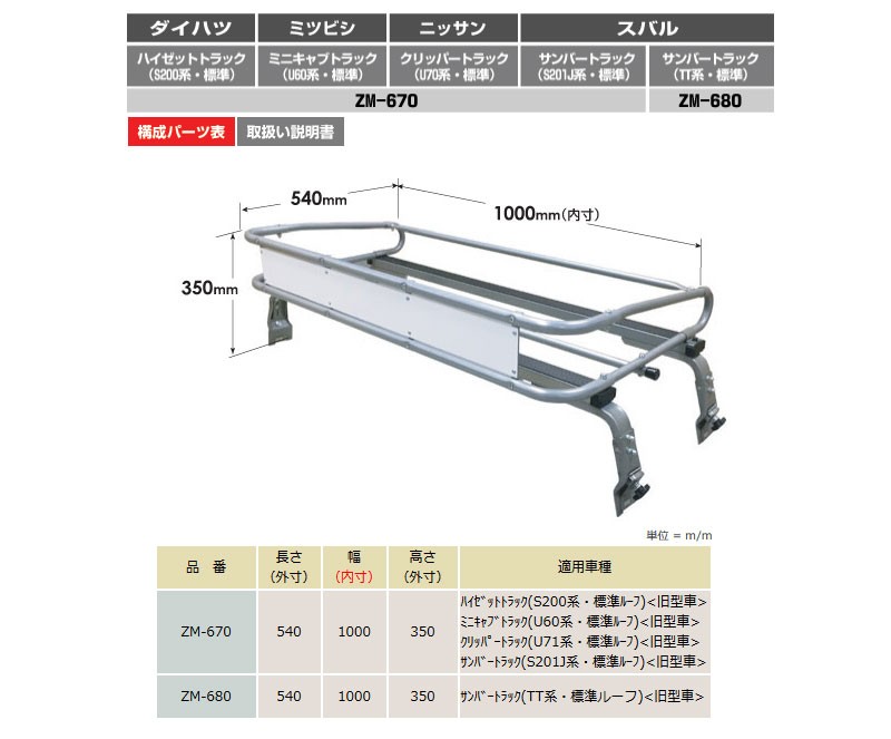 サンバートラック ルーフキャリア TT1 TT2 標準ルーフ ZMシリーズ