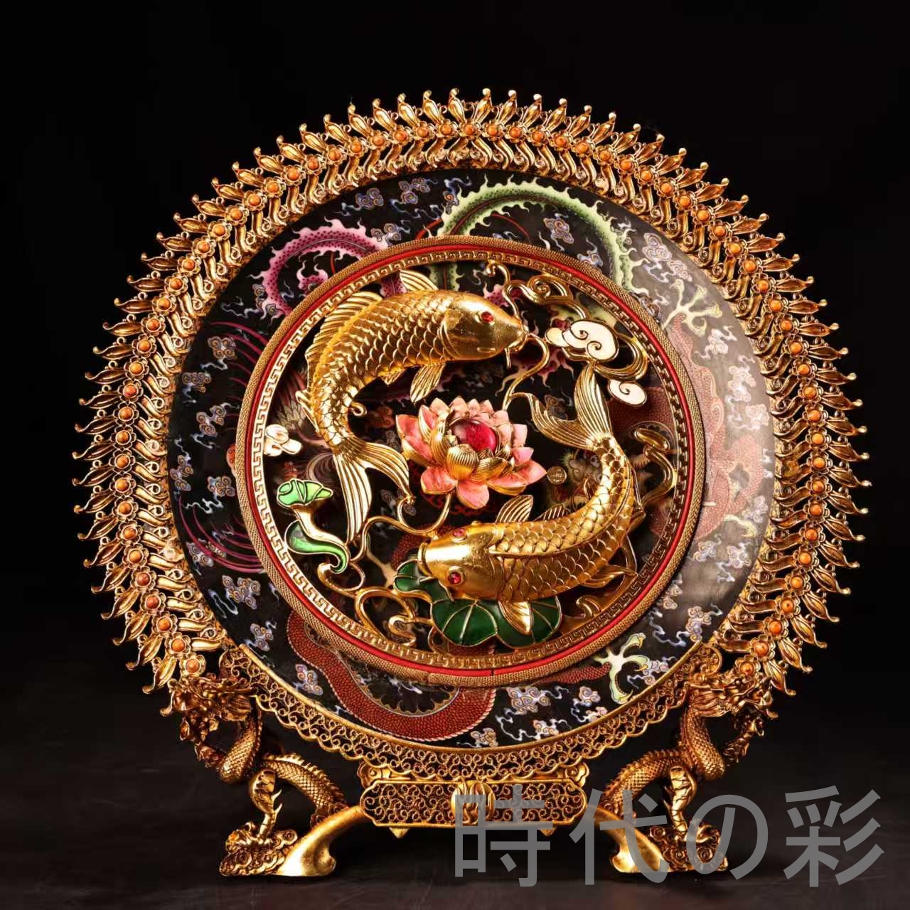 時代の彩】中国古美術 旧蔵 瓷器 描金双鶴盤 高浮彫 清代 陶磁器 古玩