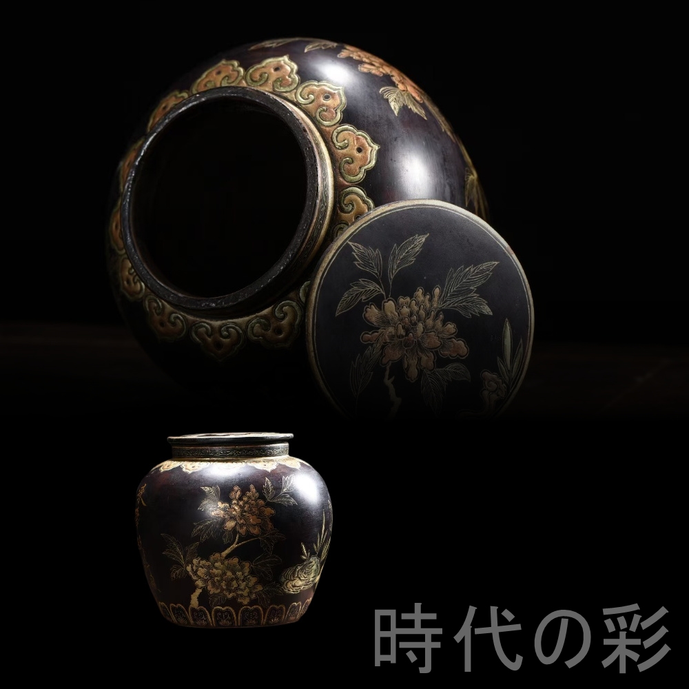 時代の彩】中国古美術 老木胎漆器花卉詩罐 描金 花卉文 木胎 漆芸 唐物