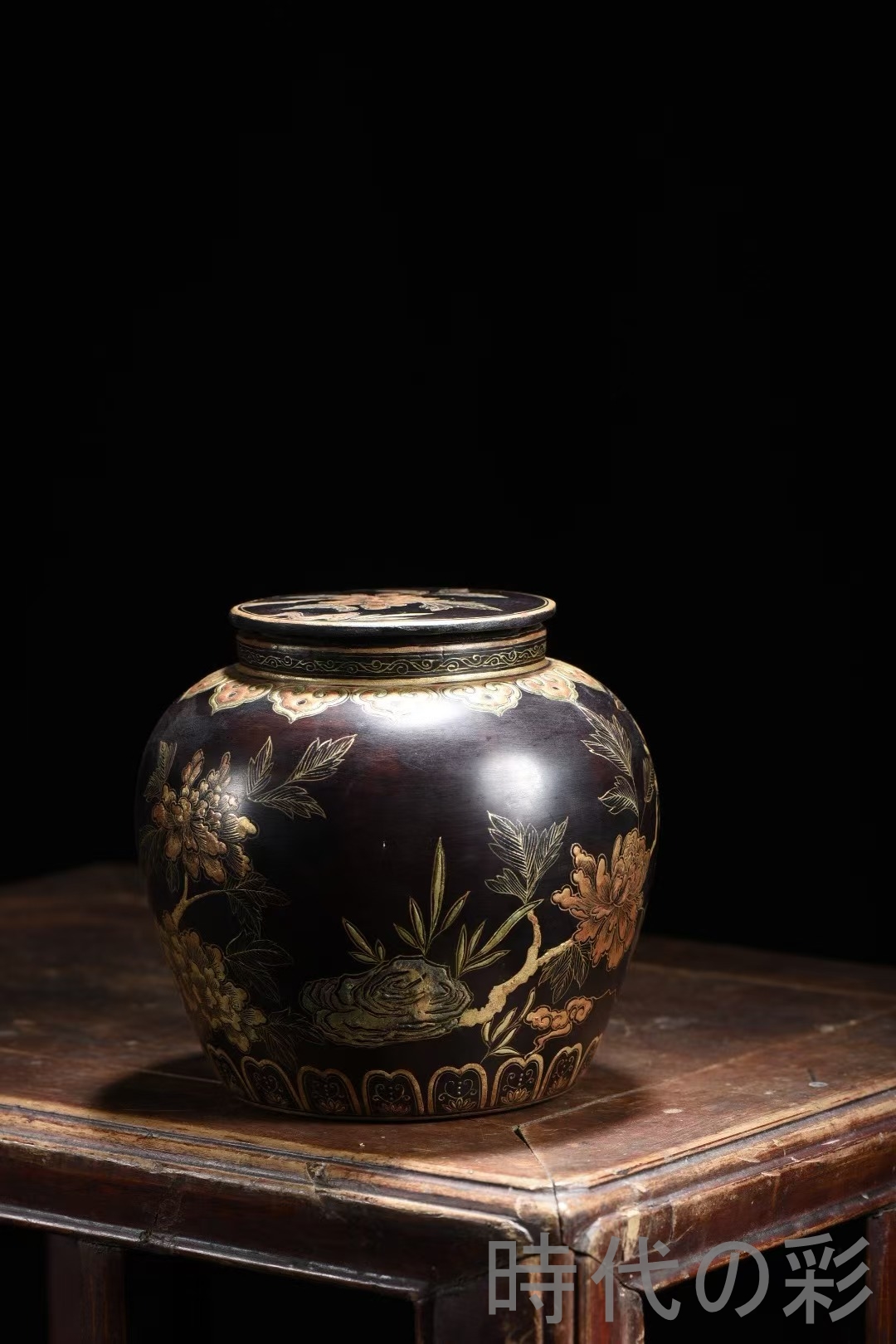 時代の彩】中国古美術 老木胎漆器花卉詩罐 描金 花卉文 木胎 漆芸 唐物