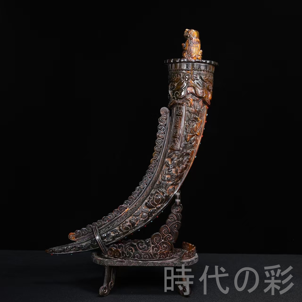 時代の彩】中国古美術『珍蔵 牛角 瑞獣鈕 花開富貴』牛角彫刻 縁起物