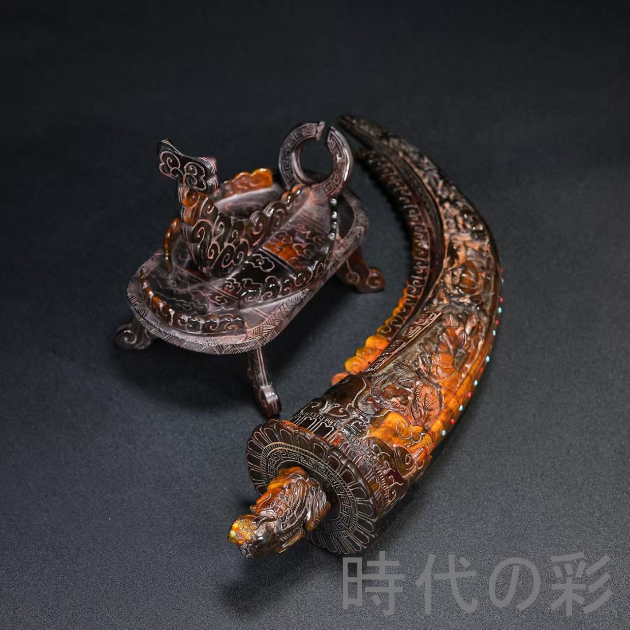 時代の彩】中国古美術『珍蔵 牛角 瑞獣鈕 花開富貴』牛角彫刻 縁起物