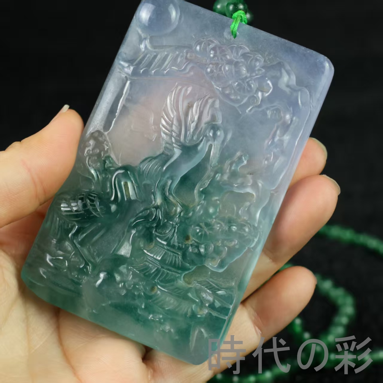 清代 天然石 三彩翡翠 T桃彫 ペンダント 玉佩 古美術 遺品整理 旧家蔵出し 時代の彩『翡翠 高冰種 鶴牌玉佩』中国古美術 氷種氷透 強蛍光 精密
