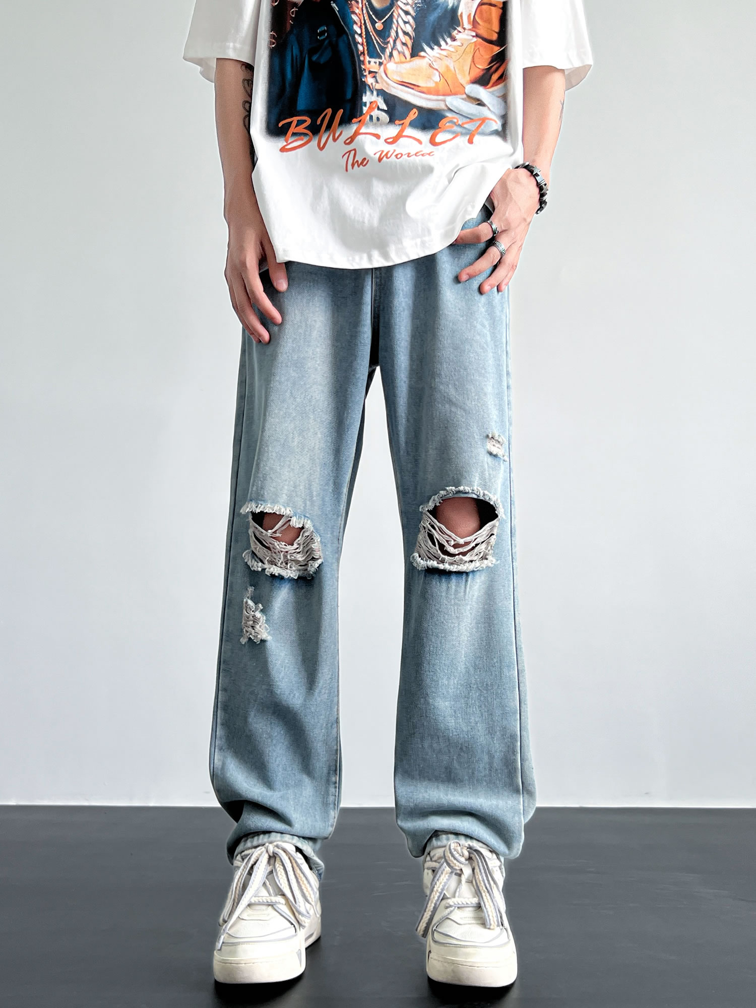 デニムパンツ メンズ ダメージジーンズ ダメージデニム クラッシュジーンズ クラッシュデニム ストレート ビンテージ ウォッシュ加工 | Shoowtime | 01