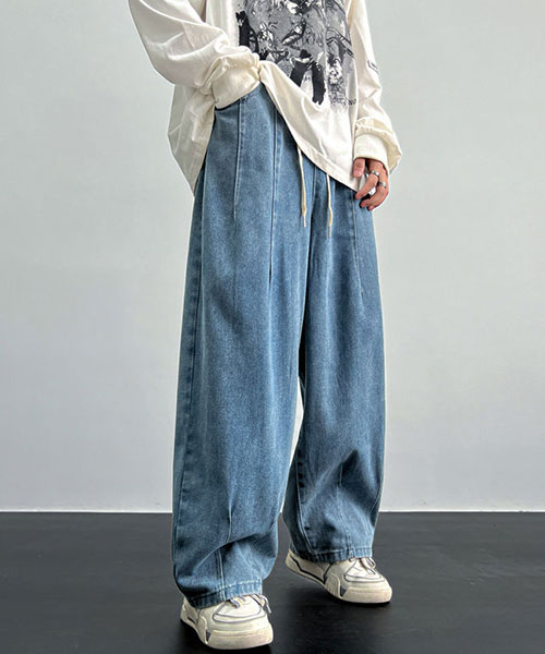 デニムパンツ メンズ ルーズフィット タック バルーン ワイド デニム イージーパンツ ジーンズ ビンテージ ウォッシュブルー ウエスト調整可 | Shoowtime | 01