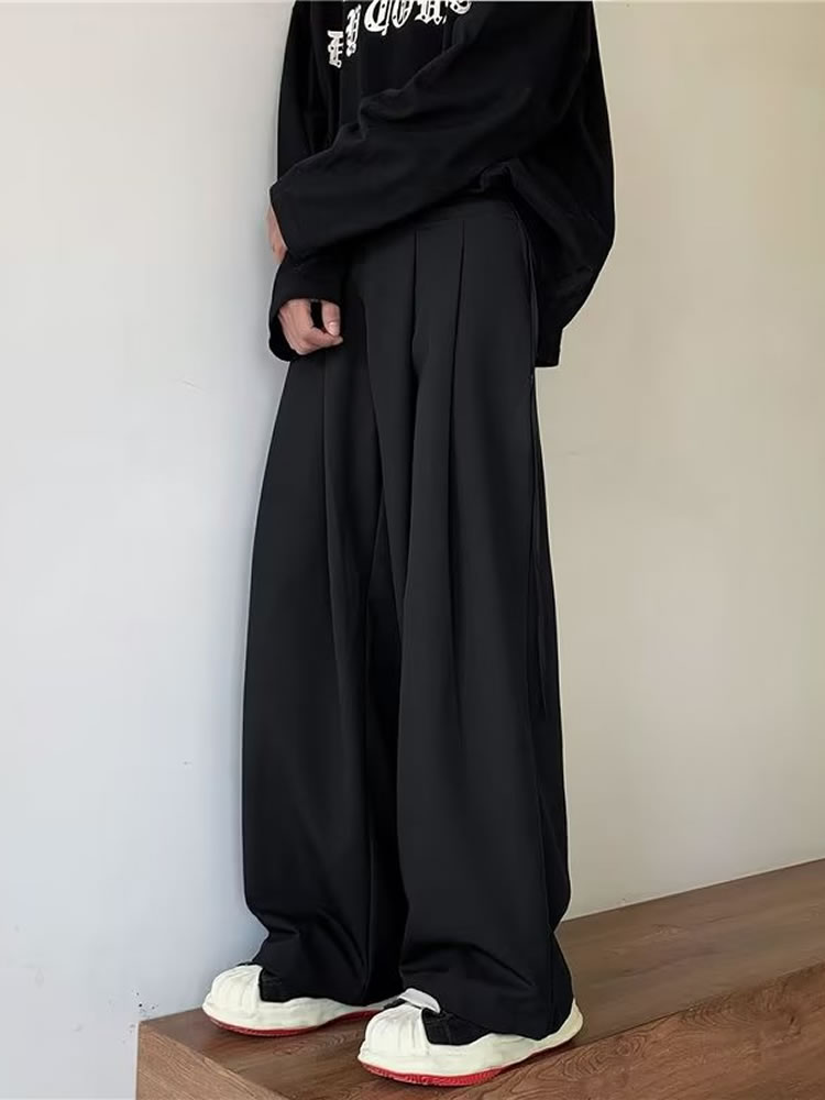 スラックス メンズ ルーズフィット ツータック ワイド ドレープ スラックスパンツ ブラック ウエスト調整可 | Shoowtime | 01