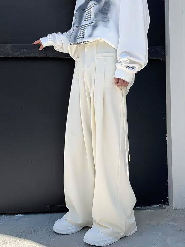 スラックス メンズ ルーズフィット ツータック ワイド ドレープ スラックスパンツ ホワイト ウエスト調整可 | Shoowtime | 01
