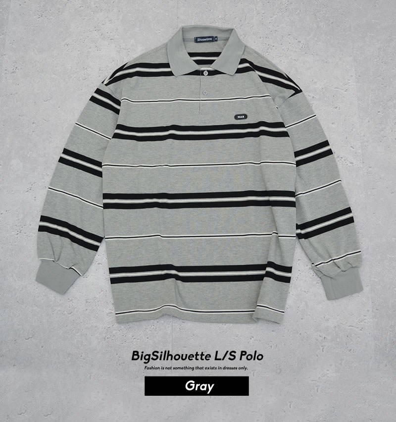 Shoowtime ポロシャツ ボーダー 長袖 メンズ オーバーサイズ グレー 灰
