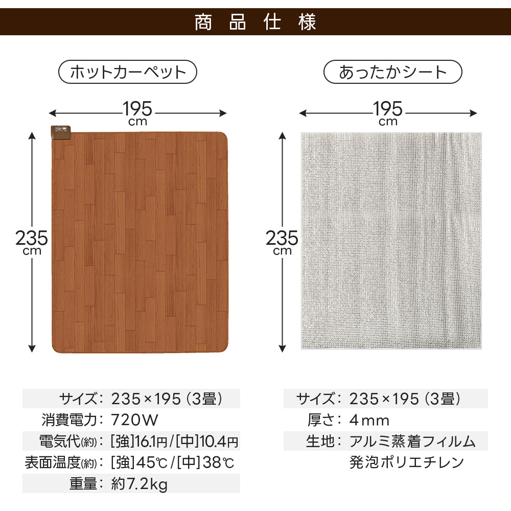 ホットカーペット フローリング調 3畳＆あったかシートセット 木目調