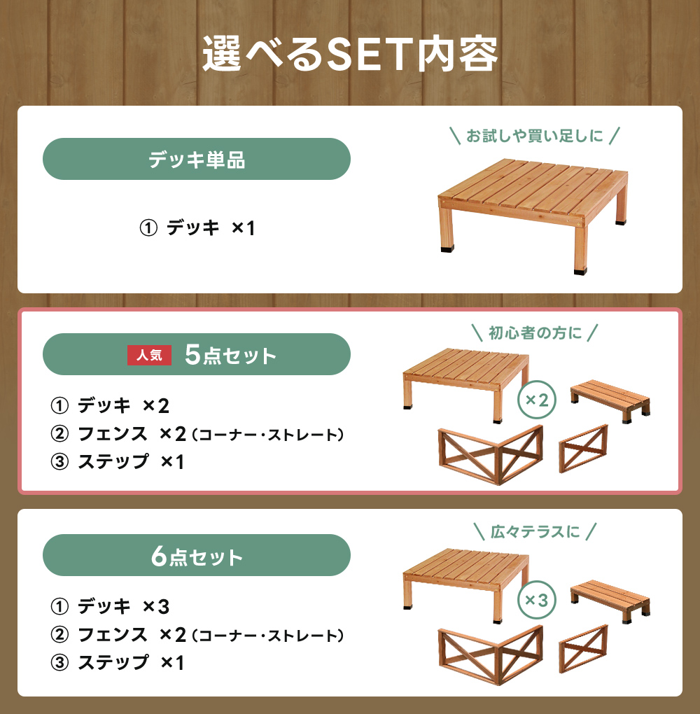 ウッドデッキセット 6点セット 天然木 DIY 簡単設置 ベランダ 屋外 庭