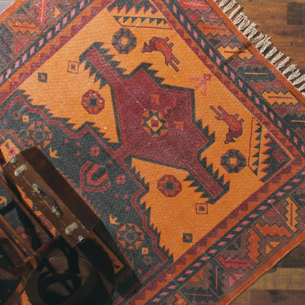 ラグ カーペット 140×200cm ネイビー レッド フリンジ アメリカン