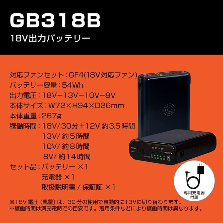 即日発送 空調服用 18V専用 バッテリーセット単品 GB-POWER GB318 簡易